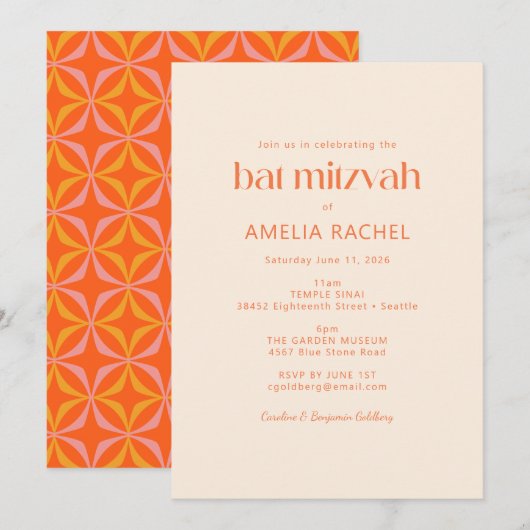 Cute Modern Oranje Retro Typography Bat Mitzvah Kaart (Voorkant / Achterkant)