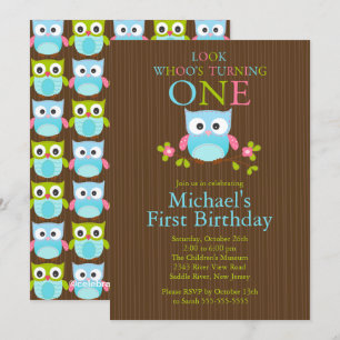 Cute Modern Owl 1st Birthday Party Invitations Kaart