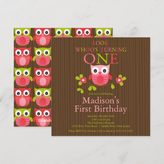 Cute Modern Owl 1st Birthday Party Invitations Kaart (Voorkant / Achterkant)