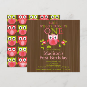 Cute Modern Owl 1st Birthday Party Invitations Kaart