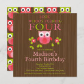 Cute Modern Owl 4th Birthday Party Invitations Kaart (Voorkant / Achterkant)
