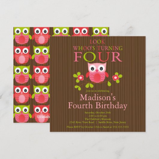 Cute Modern Owl 4th Birthday Party Invitations Kaart (Voorkant / Achterkant)