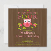 Cute Modern Owl 4th Birthday Party Invitations Kaart (Voorkant)