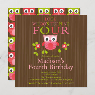 Cute Modern Owl 4th Birthday Party Invitations Kaart