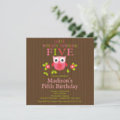 Cute Modern Owl 5th Birthday Party Invitations Kaart (Staand voorkant)