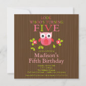 Cute Modern Owl 5th Birthday Party Invitations Kaart (Voorkant)