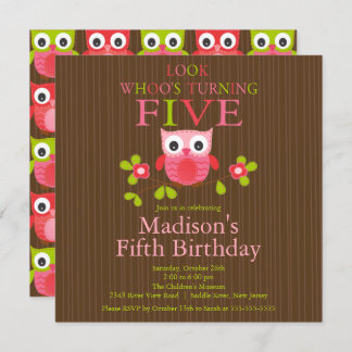 Cute Modern Owl 5th Birthday Party Invitations Kaart