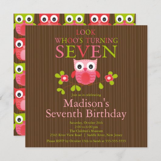 Cute Modern Owl 7th Birthday Party Invitations Kaart (Voorkant / Achterkant)
