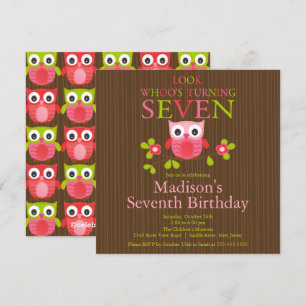 Cute Modern Owl 7th Birthday Party Invitations Kaart