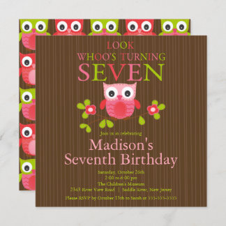 Cute Modern Owl 7th Birthday Party Invitations Kaart