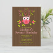 Cute Modern Owl 7th Birthday Party Invitations Kaart (Staand voorkant)