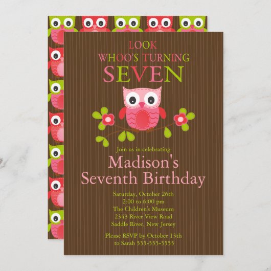 Cute Modern Owl 7th Birthday Party Invitations Kaart (Voorkant / Achterkant)