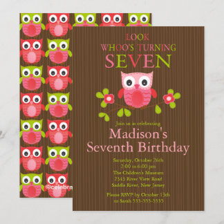 Cute Modern Owl 7th Birthday Party Invitations Kaart