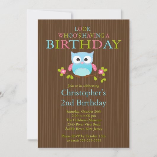 Cute Modern Owl Birthday Party Invitations Kaart (Voorkant)