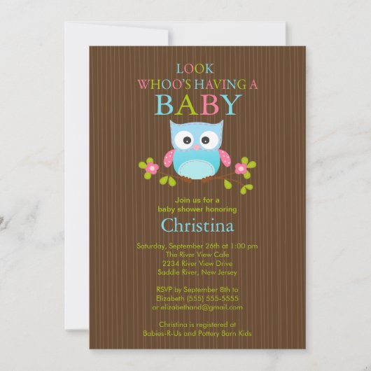 Cute Modern Owl Boys Baby Shower Invitations Kaart (Voorkant)