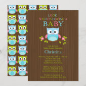Cute Modern Owl Boys Baby Shower Invitations Kaart (Voorkant / Achterkant)