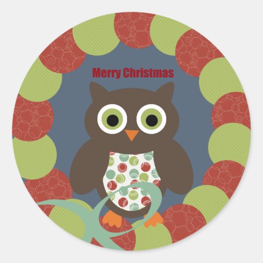 Cute Modern Owl Wreath Merry kerstcadeautjes Ronde Sticker (Voorkant)