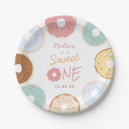 Cute Modern Pastel Donut First Birthday Papieren Bordje