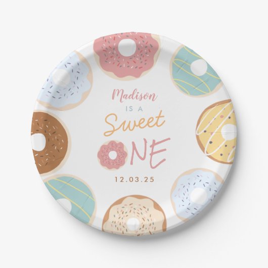 Cute Modern Pastel Donut First Birthday Papieren Bordje (Voorkant)