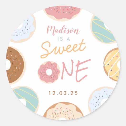 Cute Modern Pastel Donut First Birthday Ronde Sticker (Voorkant)