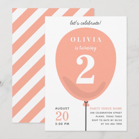 Cute Modern Peach ballon - Girl 2e verjaardag Kaart (Voorkant / Achterkant)