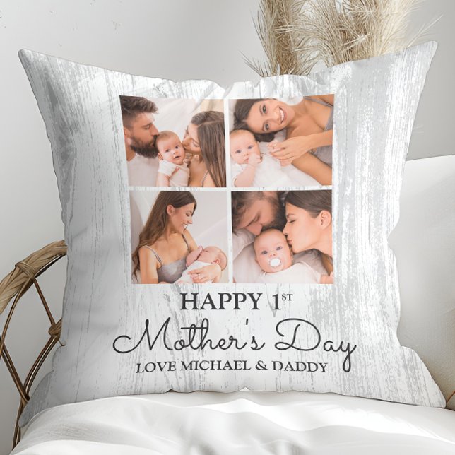 Cute Modern Photo Collage Happy First Moederdag Kussen (Cute Modern Photo Collage Happy First Mothers Day Throw Pillow)