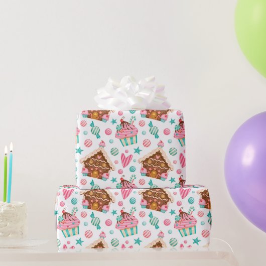 Cute Modern Pink Blue Waterverf Kerstbehandelingen Cadeaupapier (Feestgeschenken)