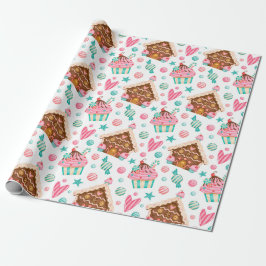 Cute Modern Pink Blue Waterverf Kerstbehandelingen Cadeaupapier