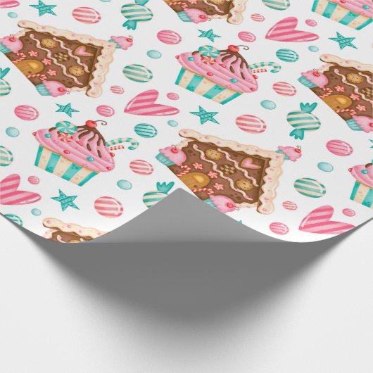 Cute Modern Pink Blue Waterverf Kerstbehandelingen Cadeaupapier (Hoek)