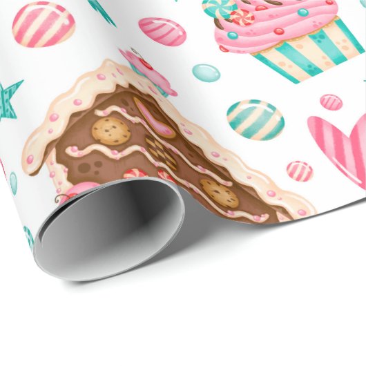 Cute Modern Pink Blue Waterverf Kerstbehandelingen Cadeaupapier (Rol Hoek)