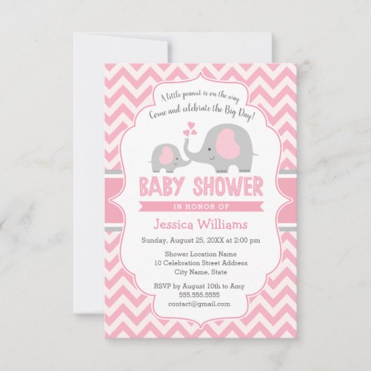 Cute Modern Pink Grey Elephant Girl Baby shower Kaart (Voorkant)