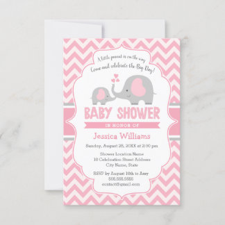 Cute Modern Pink Grey Elephant Girl Baby shower Kaart