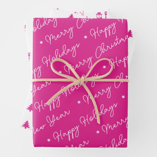 Cute Modern Pink Snowman-kerstbomen script Inpakpapier Vel (In situ)