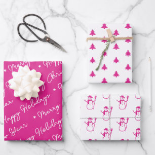 Cute Modern Pink Snowman-kerstbomen script Inpakpapier Vel