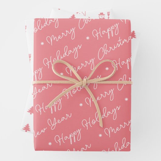 Cute Modern Pink Snowman-kerstbomen script Inpakpapier Vel (In situ)