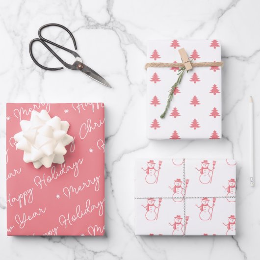 Cute Modern Pink Snowman-kerstbomen script Inpakpapier Vel (Voorkant)
