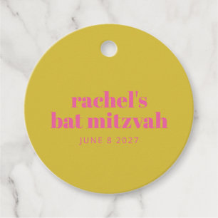 Cute Modern Pink Yellow Bat Mitzvah gepersonalisee Bedankjes Labels