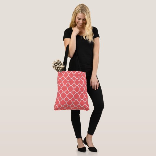 Cute Modern Quatrefoil Geometric Pattern Coral Tote Bag (Op model)