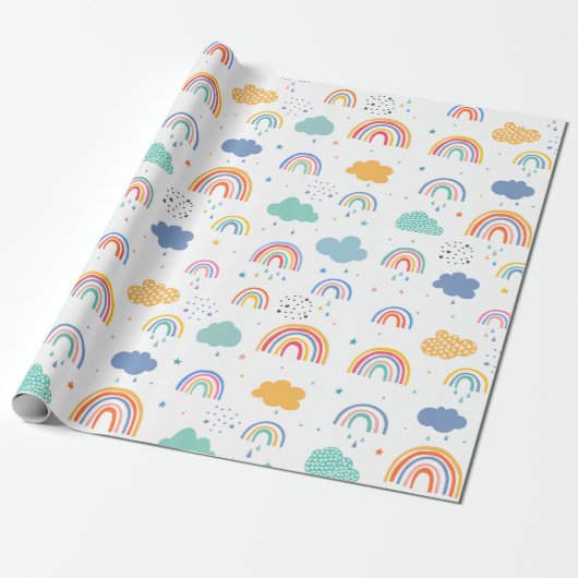 Cute Modern Rainbows and Clouds Pattern Cadeaupapier (Uitgerold)