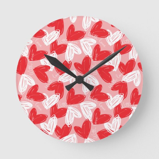 Cute Modern red and white hearts patroon Ronde Klok (Voorkant)