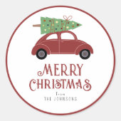 Cute Modern Red Car met kerstboomcadeau Ronde Sticker (Voorkant)