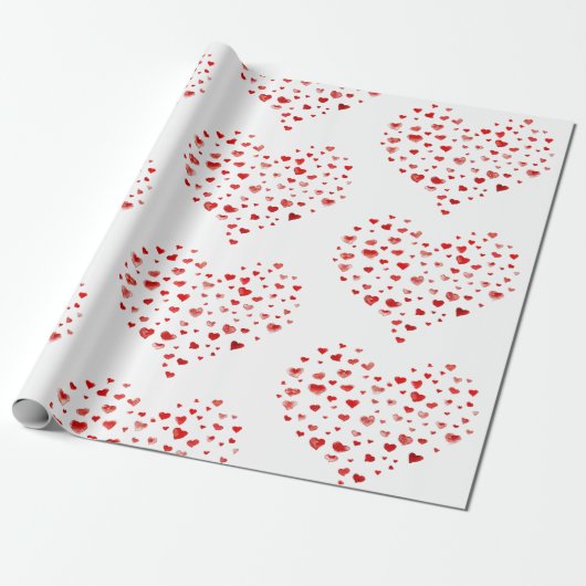 Cute Modern Red Waterverf Hearts Cadeaupapier (Uitgerold)