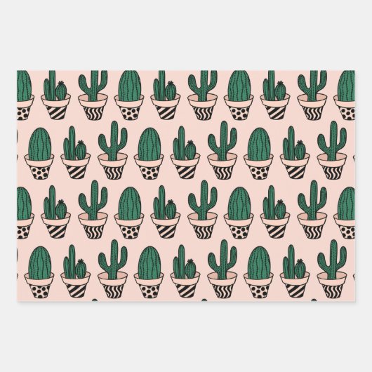 Cute Modern Roze Green Potted Cactus Pattern Inpakpapier Vel (Voorkant)