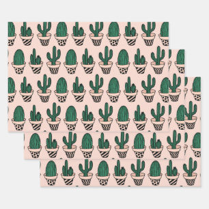 Cute Modern Roze Green Potted Cactus Pattern Inpakpapier Vel