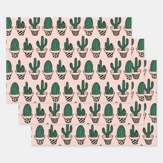 Cute Modern Roze Green Potted Cactus Pattern Inpakpapier Vel (Set)