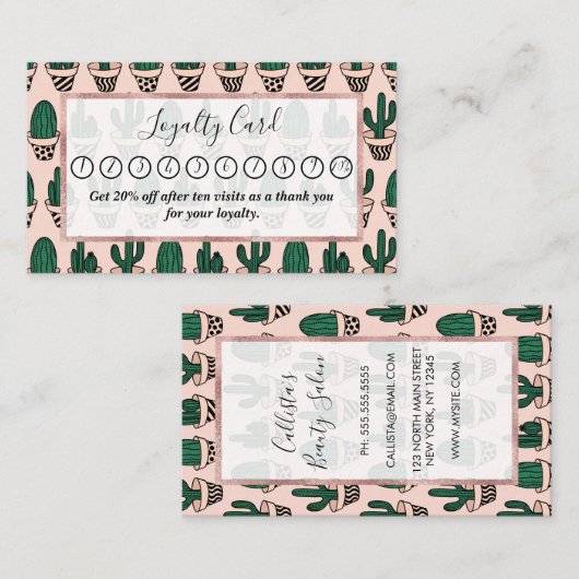 Cute Modern Roze Green Potted Cactus Pattern Klantenkaartje (Voorkant / Achterkant)