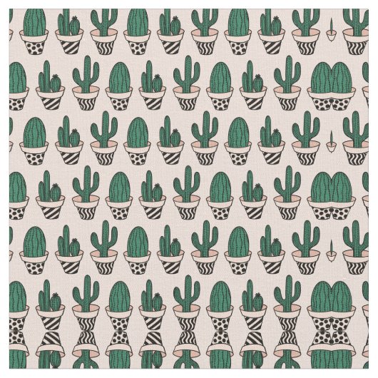 Cute Modern Roze Green Potted Cactus Pattern Stof (Close Up)