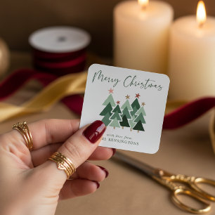 Cute Modern Rustic Kerstbomen Typografie Vierkante Sticker
