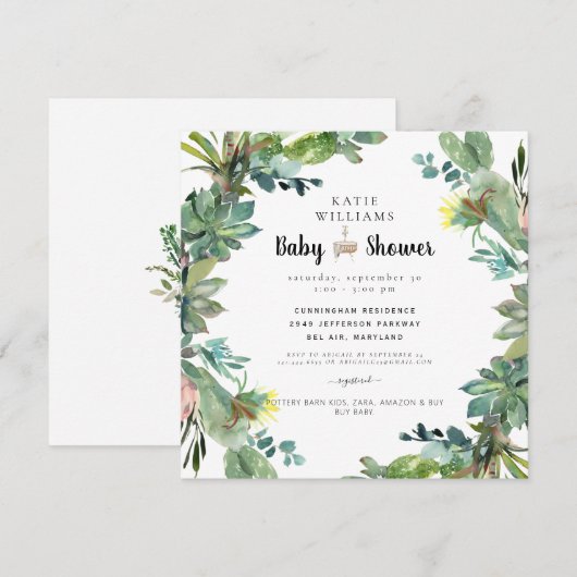 Cute Modern Succulent Cactus Baby shower Square Kaart (Voorkant / Achterkant)