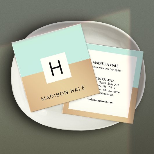 Cute Modern Turquoise Gold Monogram Beauty Stylist Vierkante Visitekaartje